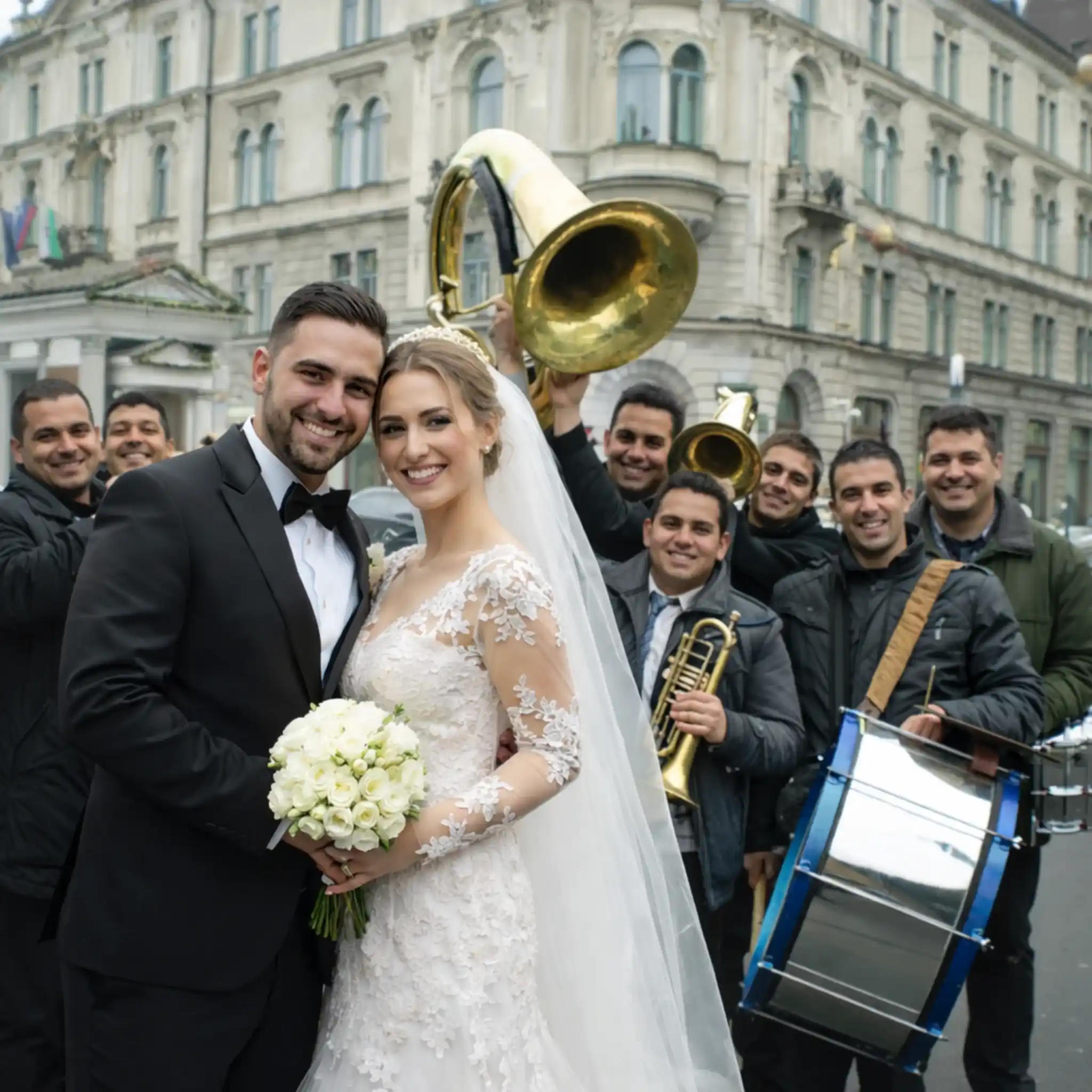 Mladenci i trubači Šabac na veselju